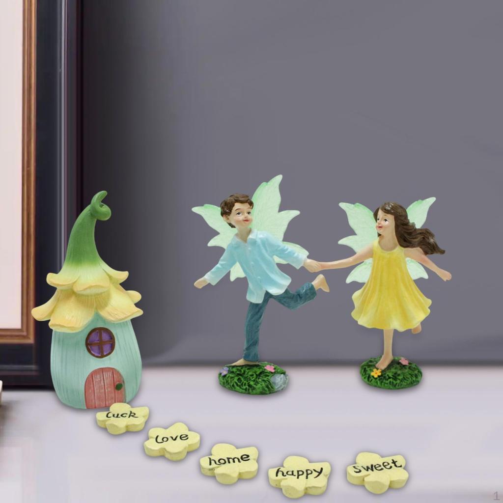 Fairy Figurine Statue Decorating Craft Cute Running Male and Female Sculpture for Flower Pots