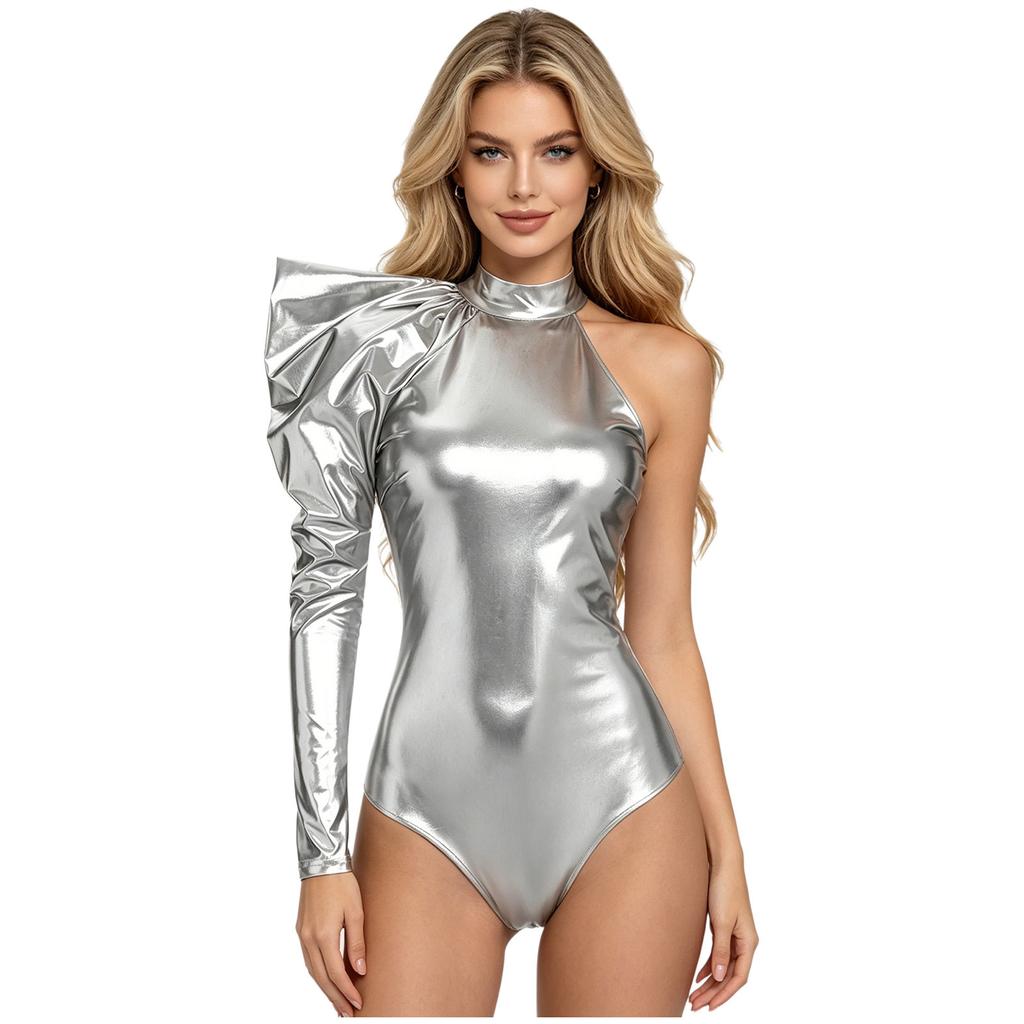 Women Metallic Shiny Bodysuit Dramatic Puff Sleeve Long Sleeve One Shoulder Mock Neck Asymmetrical Leotard