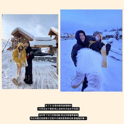 Версия с мягким мехом~ miu большие белые медведи зимние сапоги из искусственного снега с напуском и утолщенные пушистые сапоги 2025 зима на толстой подошве с увеличением высоты средние сапоги