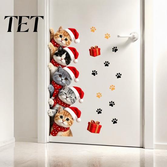 Santa Hat Cat Sticker Christmas Door Sticker, Cute Kittens Wall Decal, Self Adhesive Kitten Decals Waterproof PVC for Bedroom Bathroom Home