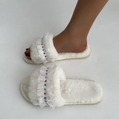 Новые пушистые меховые тапочки женские теплые плюшевые плоские низкие каблуки женские туфли плиссированные цветные меховые тапочки на платформе