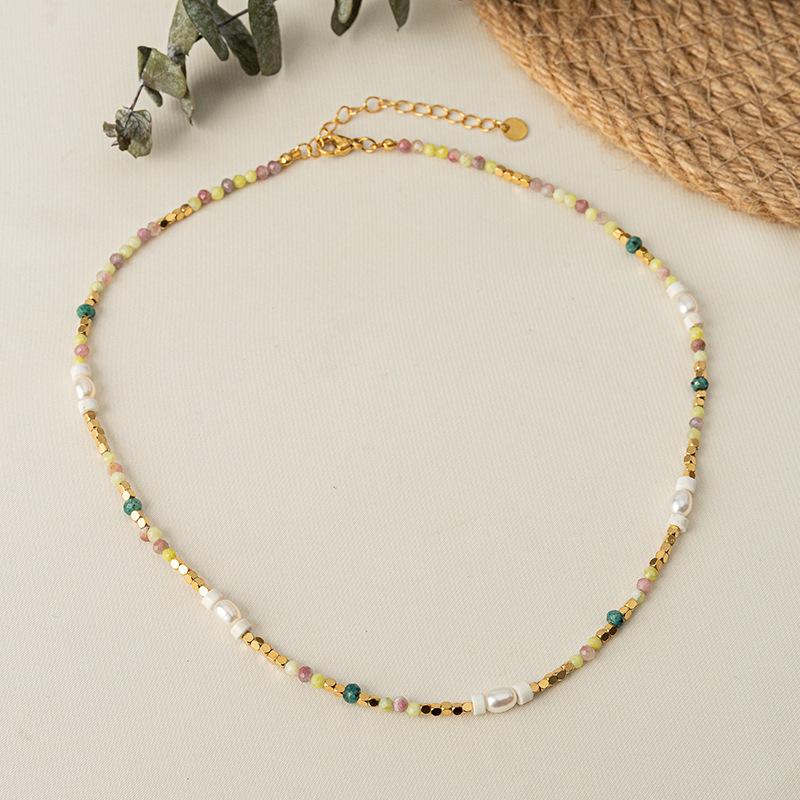 GEMCHIC Women's Colorful Natural Stone Pearl Beaded Necklace, Geometric Gold Chain Choker