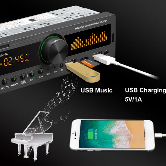 Swm-80A Handsfree Dual Usb Автомобильный Mp3-плеер Мощный FM-радио Bluetooth-совместимый Aux Tf Card U Disk