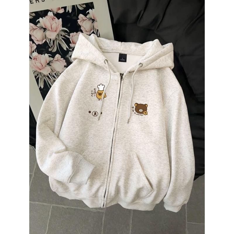 American Cartoon Dog Print Hoodie Women's Autumn Winter Fleece Zipper Open Cardigan Loose Top School Style Long Sleeve