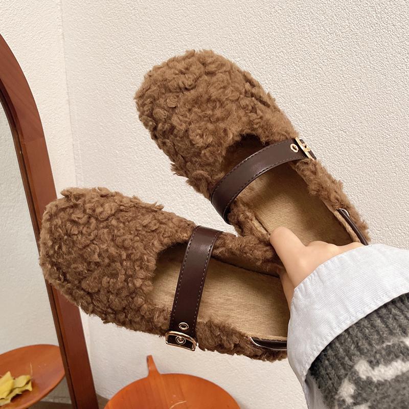 Дизайнерские винтажные женские теплые меховые туфли на плоской подошве, женская модная обувь 2025 года, балетки с мелкой пряжкой, зимние удобные туфли-лоферы
