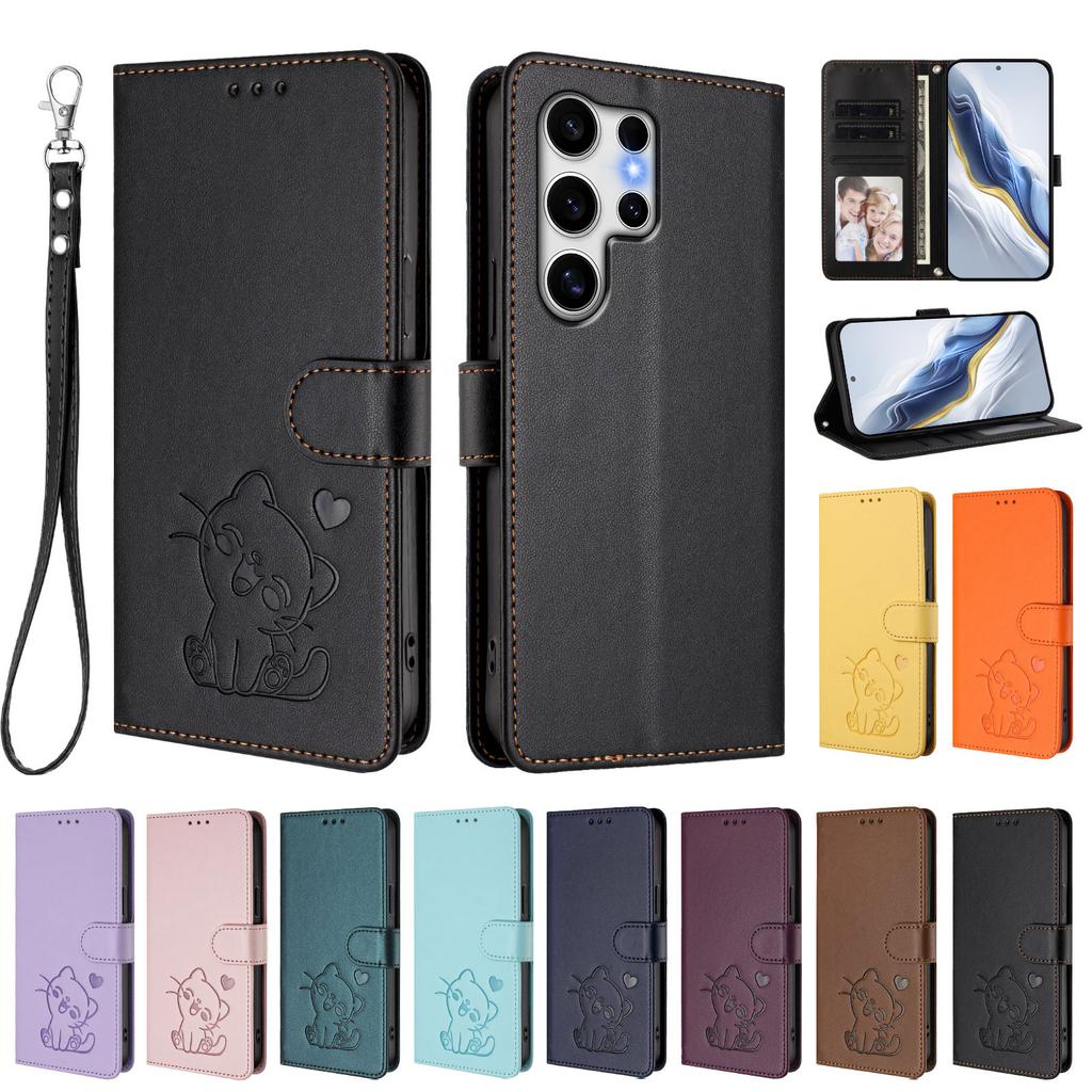 Чехол-кошелек для Samsung Galaxy S25 Ultra с ремешком на запястье, с тиснением в виде кошки и любовного сердца, кожаный чехол для телефона
