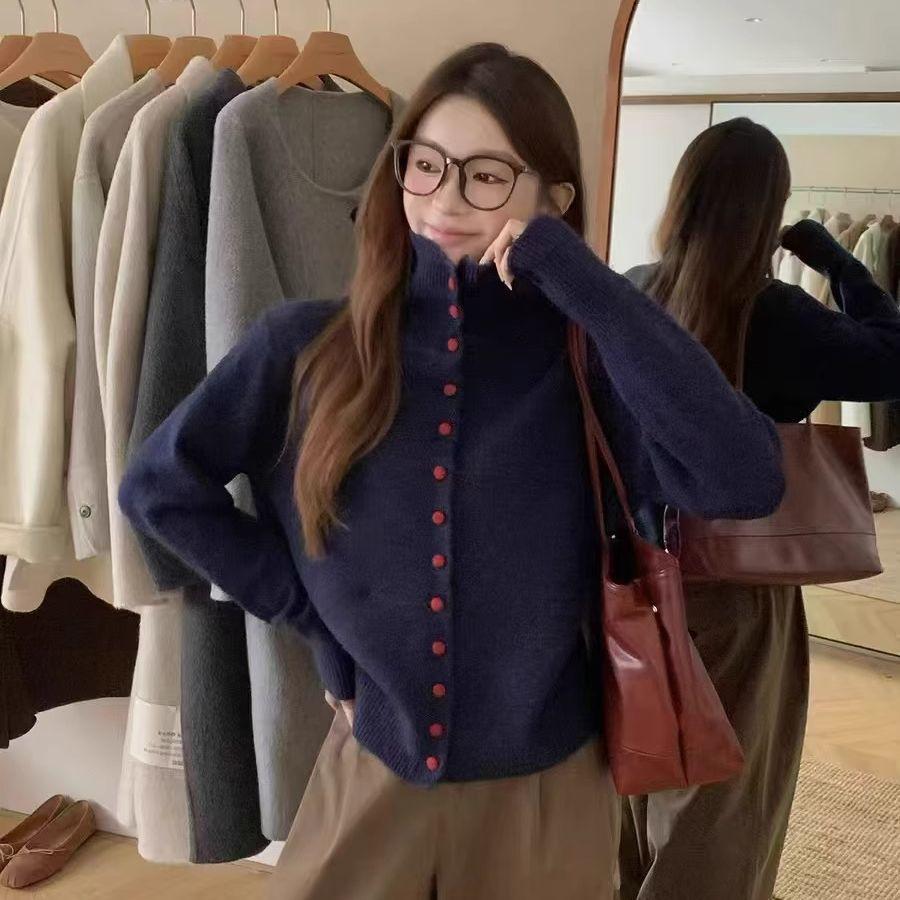 Женский вязаный кардиган с высоким воротником на пуговицах, однотонный, свитер свободного кроя.