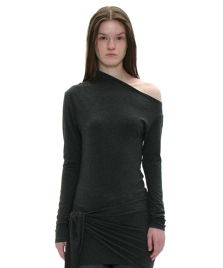 PARTIMENTO WOMEN Pwc Asymmetrical Bow Tie Wrap Jersey Top_Charcoal Melange