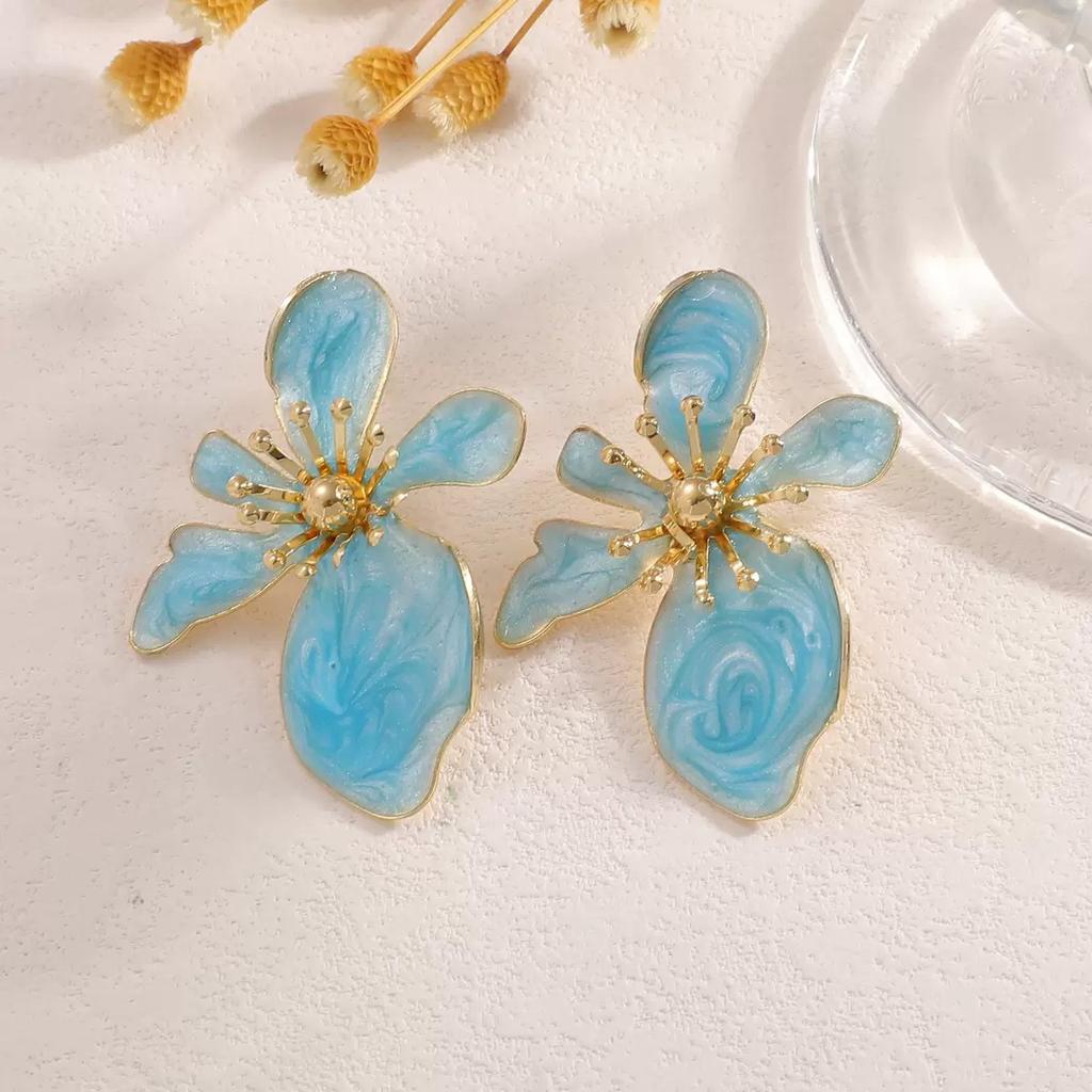 Temperament Creative Color Dopamine Metal Irregular Design Sense Large Flower Earrings Women'S Holiday Wind Earrings