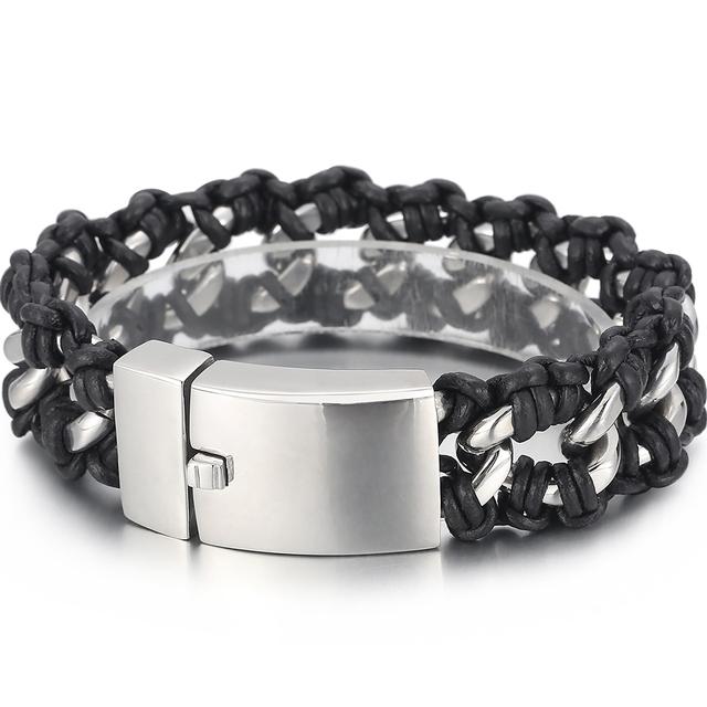 Цепочка из полированной нержавеющей стали с панцирными звеньями, мужской плетеный кожаный браслет, комбинация для подарков на день рождения, памятные подарки с гравировкой