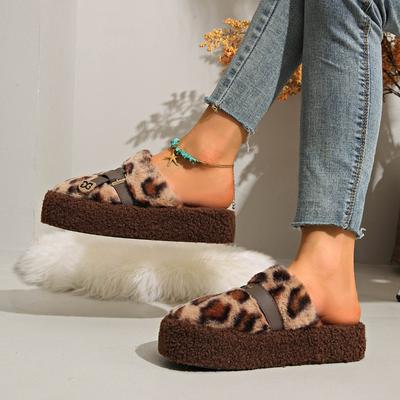 Осенние хлопковые тапочки на толстой подошве, пушистые тапочки, женские осенне-зимние новинки, леопардовый принт, для улицы, плюшевые тапочки с закрытым носком