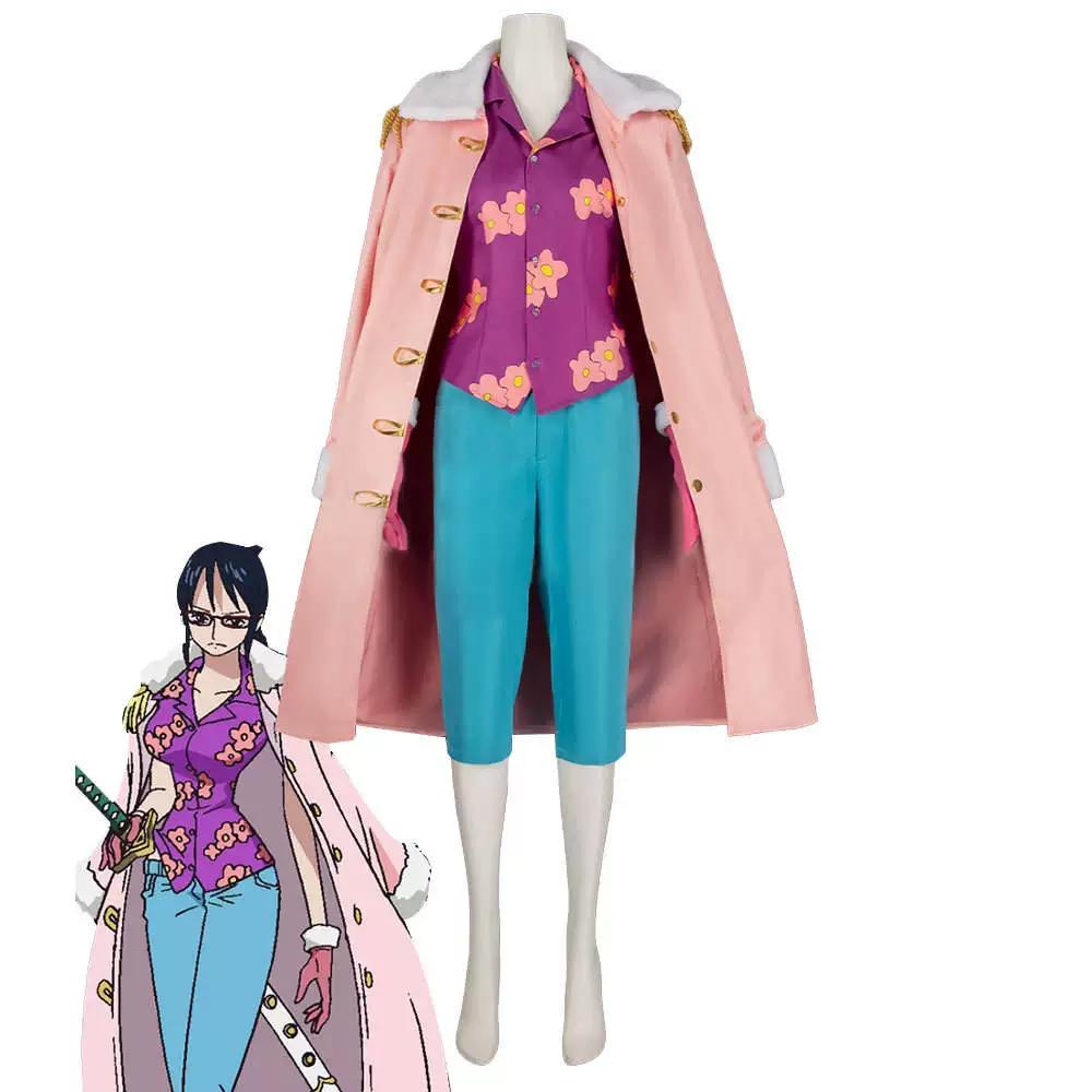 Костюм для косплея One Piece Тасиги, Розовый плащ с меховой отделкой, Фиолетовая рубашка с цветочным принтом, Синие укороченные брюки, Наряд для женщин, Хэллоуин, Comic‑Con, Ролевые игры