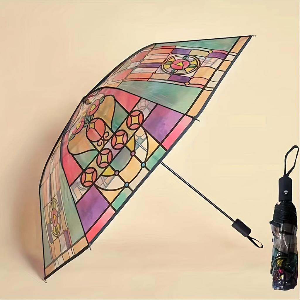 Retro Window Flower Pattern Transparent Automatic Folding Umbrella Portable Travel Sun and Rain Parasol