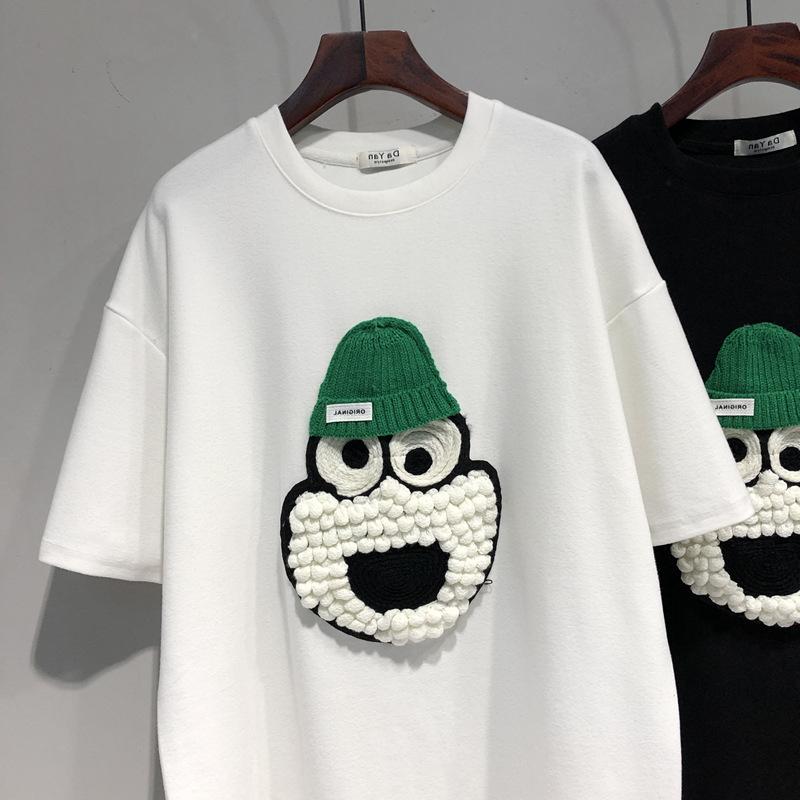 Новый корейский стиль свободный топ с короткими рукавами для женщин вышитая мультяшная футболка средней длины с короткими рукавами