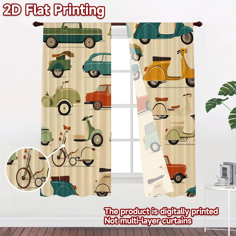 2D FLAT PRINTING 2pcs Curtains (Without Rod) Retro Cars and Scooters Popular Curtains&Drapes 100% Polyester Curtains Art Deco