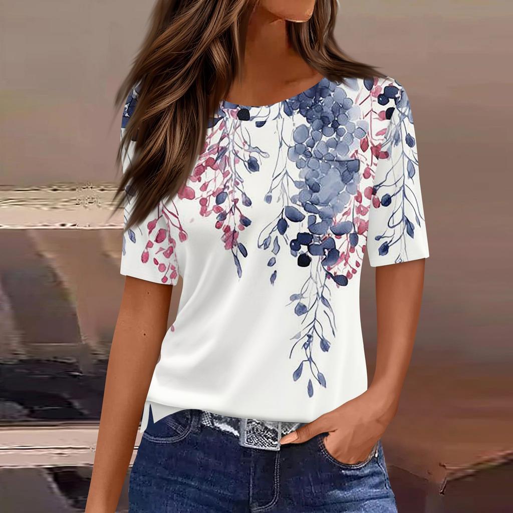 Футболки для женщин, плиссированные, с круглым вырезом, нарядные, повседневные, блузки с принтом, с коротким рукавом, летние топы, свободный крой
