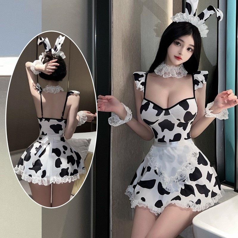 Оригинальный дизайн Женский милый коровушка комплект нижнего белья и пижамы - Полиэстер, шнуровка, сексуальный и игривый стиль коровьей униформы