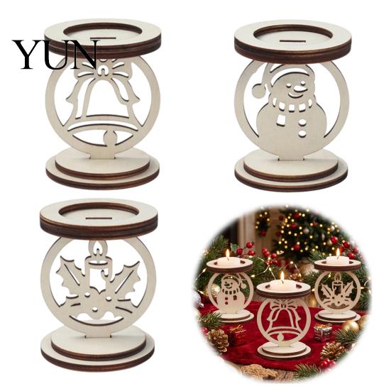 Rustic Christmas Candle Base 3Pcs Wooden Holder, Detachable Tealight Stand with Hollow Festive Living Room Accents Carved Snowman/Bell/Candle