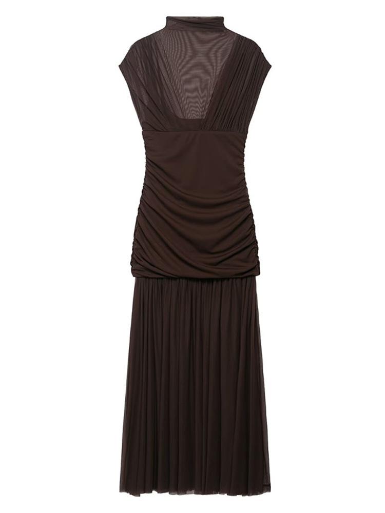 Черное сетчатое макси-платье для женщин, сексуальное платье без рукавов, прозрачное плиссированное платье для вечеринки, женская мода, облегающее длинное платье 2025