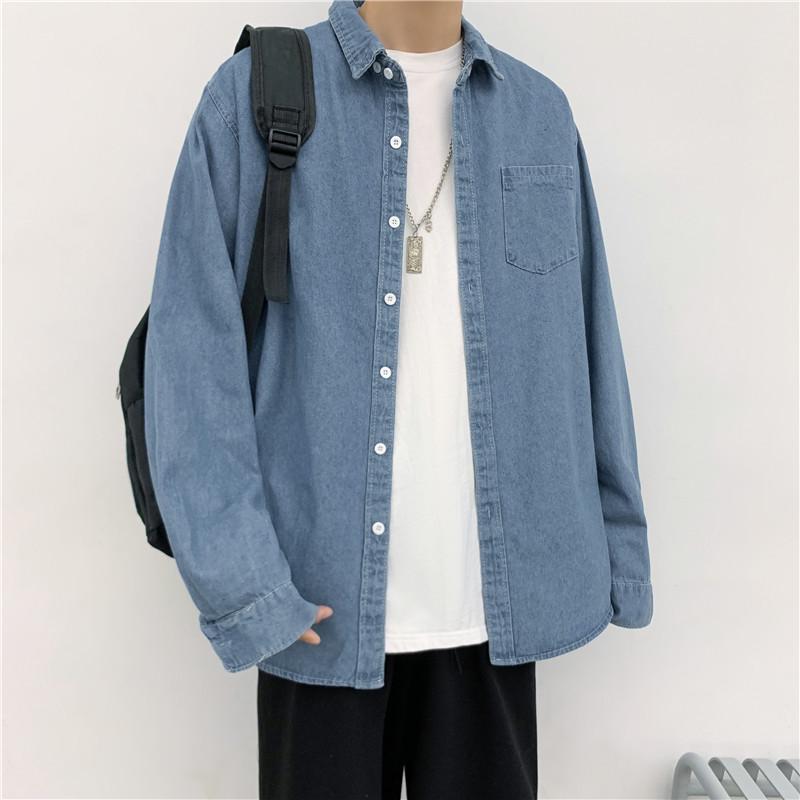 Мужская повседневная джинсовая рубашка Yemi Fashion Harajuku - длинный рукав, свободный крой, куртка в осеннем стиле