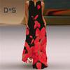 Stylish Women Dress Sleeveless Butterfly Print V Neck Large Hem Maxi Dress