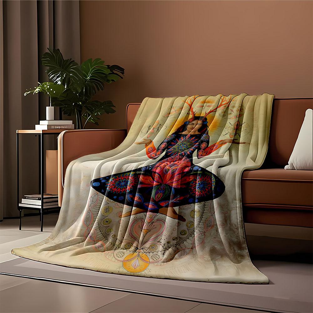 Intricate floral and mandala patterns radiate from a meditative figure. for all seasons blanket lunch break throw gift