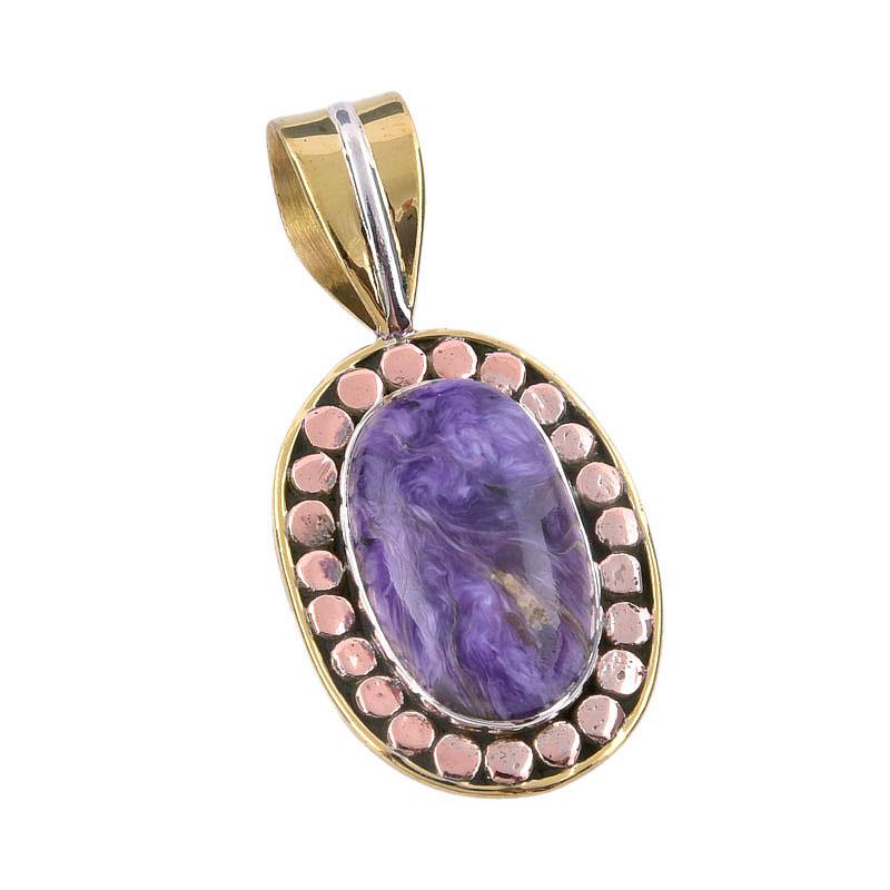 Natural Charoite Gemstone 925 Solid Sterling Silver Two Tone Pendant 1.50" q6P87