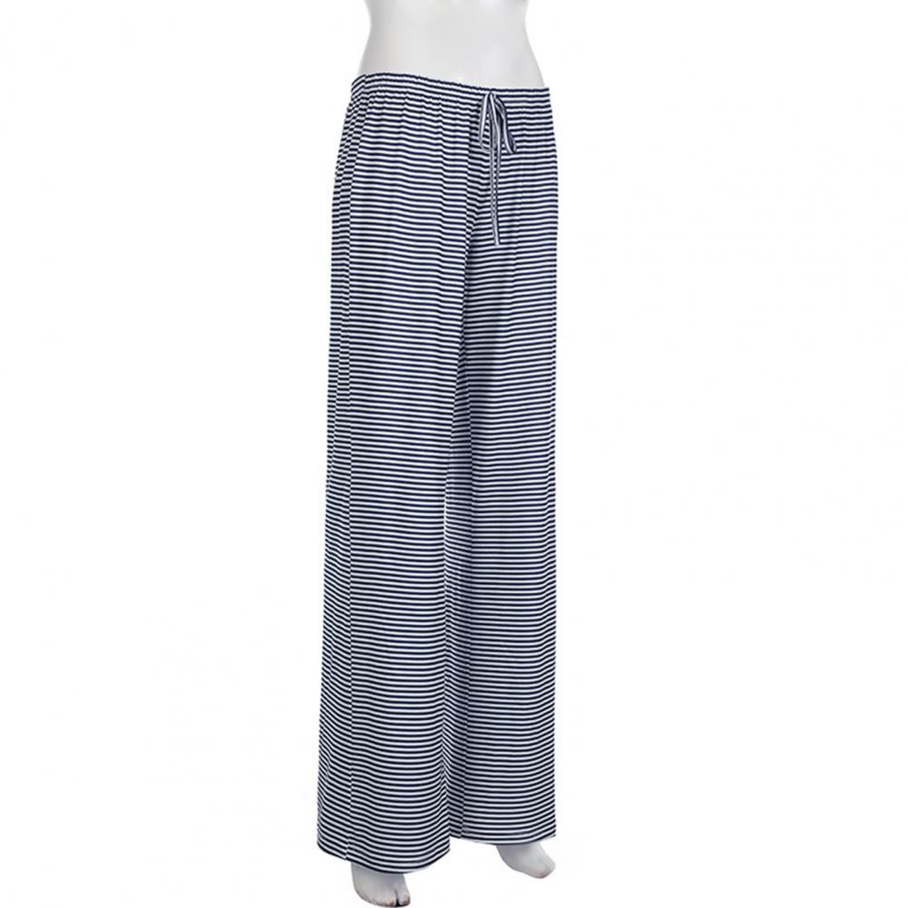 Women Casual Pants Straight Wide Leg Striped Print Long Trousers Adjustable Waist Strap Loose Fit Lounge Pants