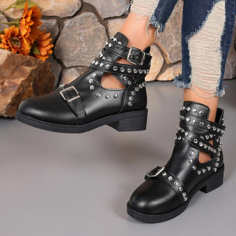 Fashion Women's Ankle Boots Studded T-Band Punk Gothic Shoes Metal Buckle Women's Chunky Heels Female Party Evening Shoes