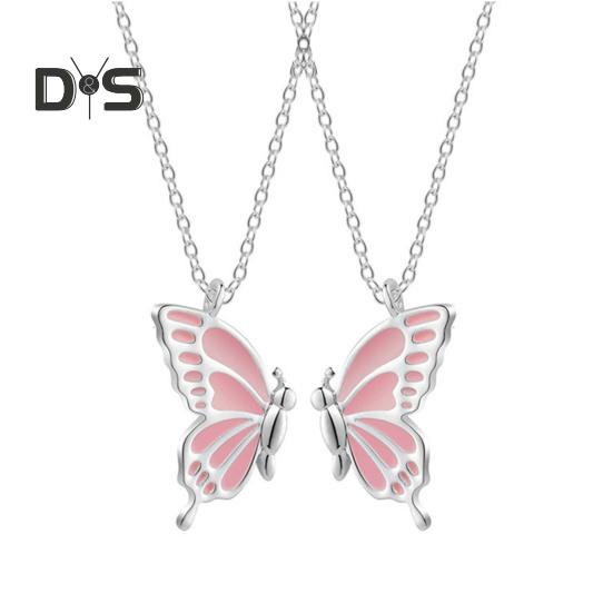 2Pcs/Set Friendship Necklace Meaningful Bright Luster Adjustable Extension Chain Decoration Gift Best Friend BFF Sister Butterfly Pendant Necklace