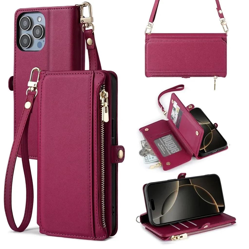 Long Strap Crossbody Leather Case For Google Pixel 10 Pro XL Pixel 9 Pro 9A 8 8A 7 7A 6 6A Zipper Wallet Card Stand Phone Cover