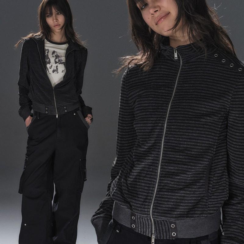 Unisex Black Gray Striped Stand Collar Zip-Up Hoodie Oversized Streetwear Jacket With Rivets Patch Detail
