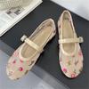 Designer Embroidered Flower Mesh Fabric Flat Heels Women Sandals Fashion Round Toe Buckle Strap Casual Mule Shoes