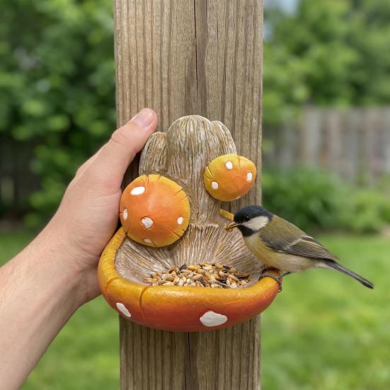 Resin Toadstool Bird Feeder Garden Mushroom Bird Feeder Decorative Wild Bird Feeder for Outdoor Backyard Tree