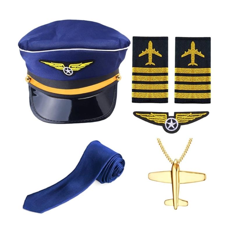 Airline Captain Costume Adult Pilot Cosplay Accessory Uniform Epaulette Hat Neck Tie Flight Attendant Role Play Outfit