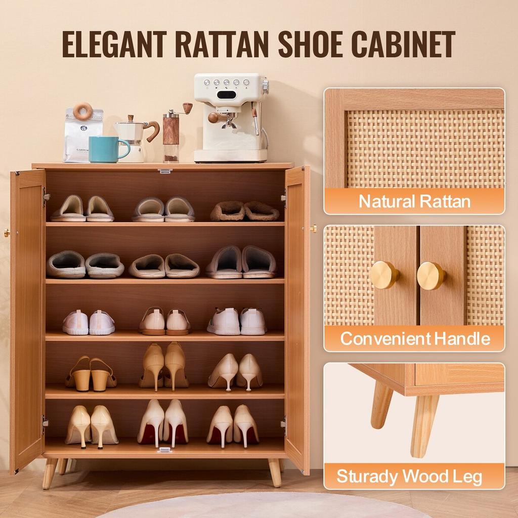 Rattan Shoe Cabinet 5 Tiers Shoe Organizer 2 Doors & Adjustable Shelves