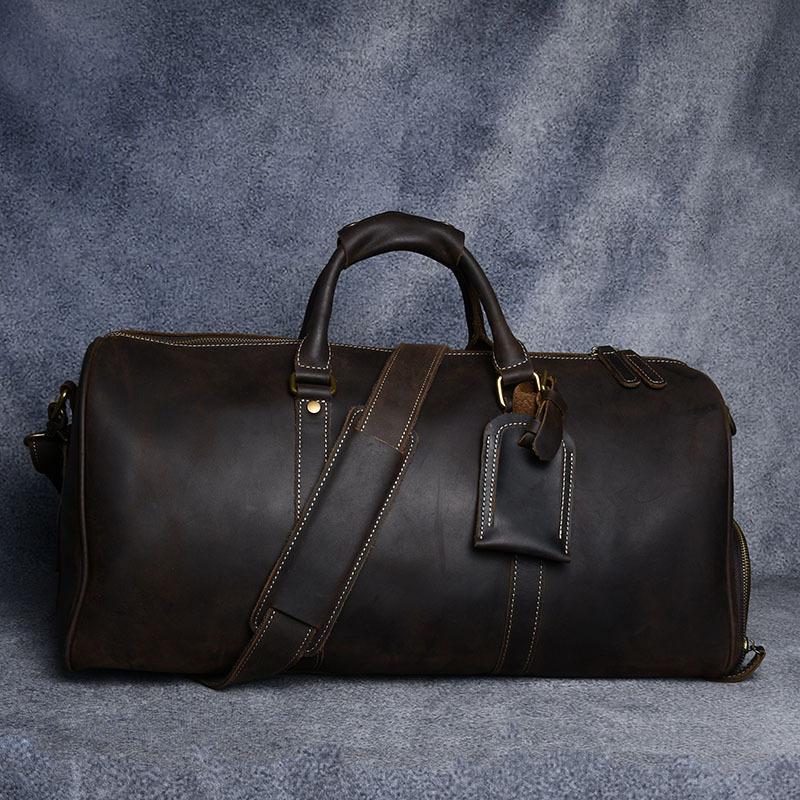 Crazy Horse Leather Travel Bag Luxury Genuine Leather Men Women Travel Bag Cow Leather Carry On Luggage Bag Weekend Duffle Bag