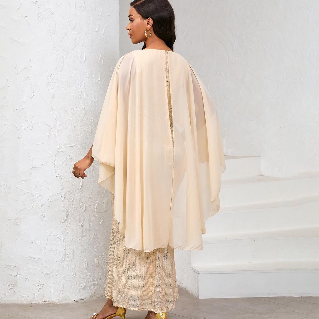 Европейское и американское женское весеннее шифоновое кейп-платье с пайетками и длинной юбкой для вечеринки