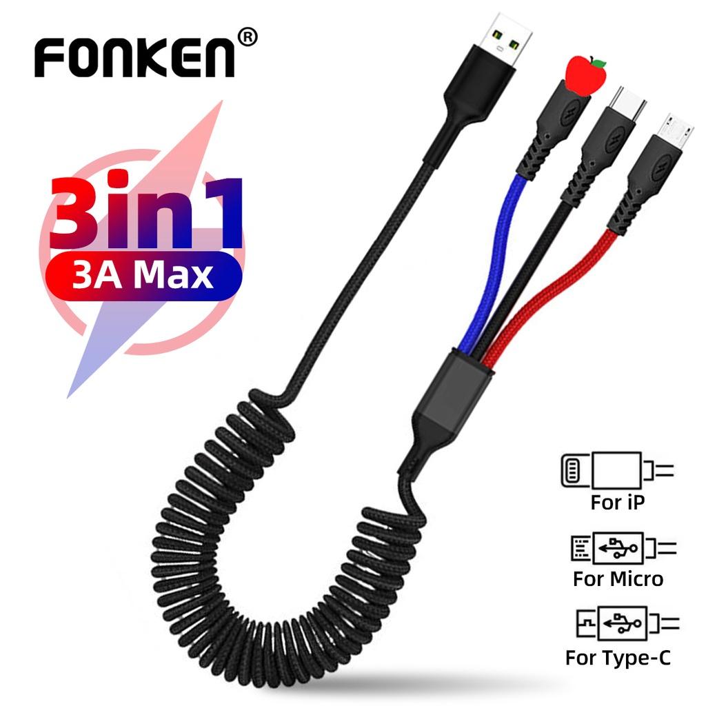 FONKEN Пружинный USB-кабель 3 в 1, кабель типа C 3A, кабель для зарядки Micro USB IOS 2,4A для Huawei Xiaomi Samsung