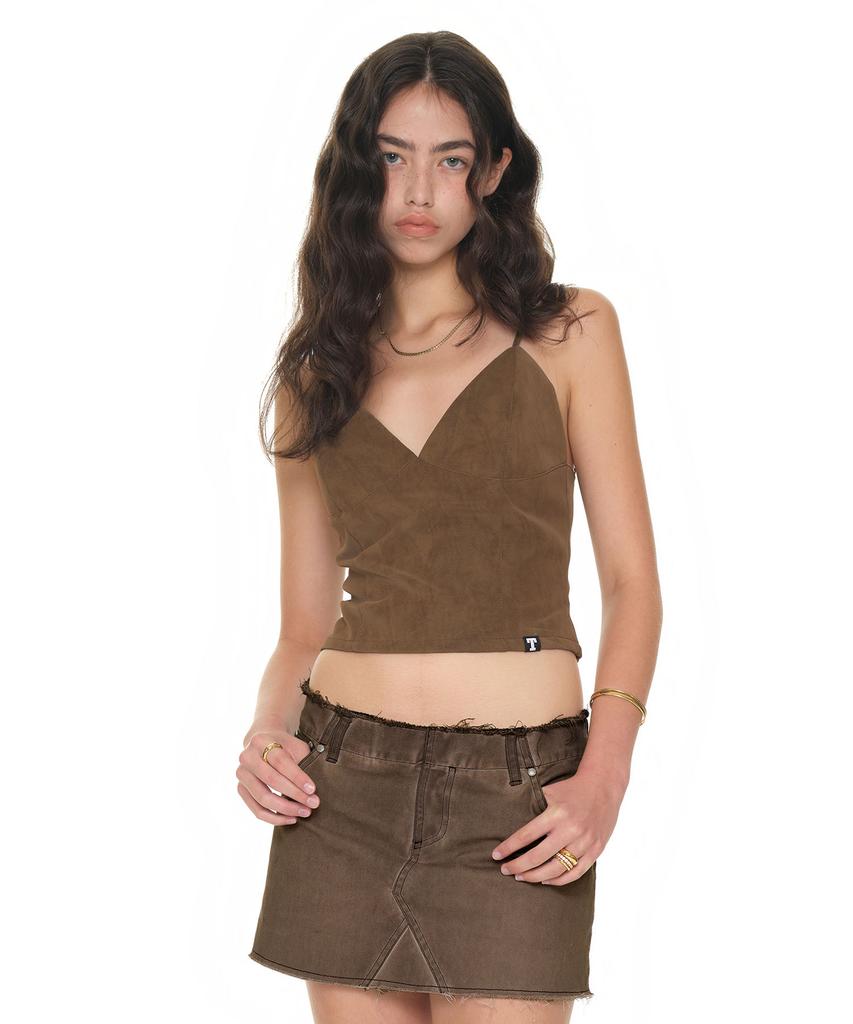 TOOMUCHTAX Faux Leather Cami Top Brown
