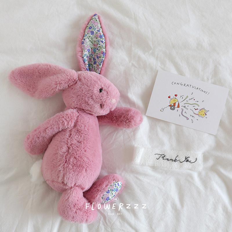 Cute Long Ear Bunny Plush Toy Floral Stuffed Rabbit Doll Comfortable Soft Cuddly Fluffy Bunny Plushie Birthday Gift Room Decor