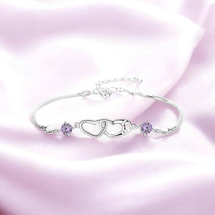 Double Heart Shape Cubic Zirconia Charm Bracelet, Love Bracelet for Women & Girls, Valentine Day Gift