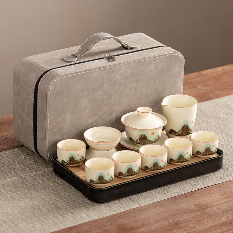 High-end Huang Ru Kiln Travel Kung Fu Tea Set Household Portable Cover Bowl Teacup Teapot Light Luxury Business Gifts