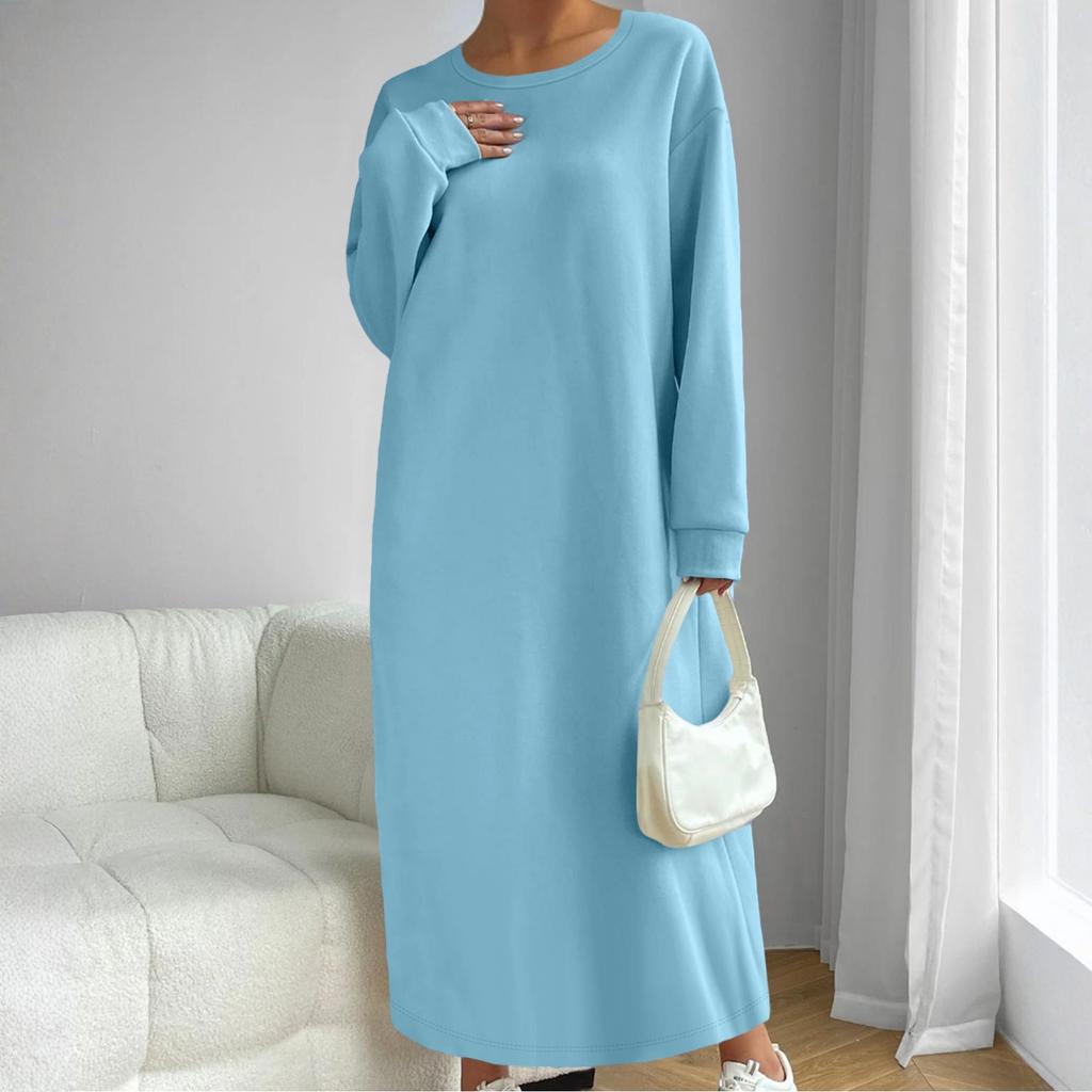 Женское модное однотонное платье с длинным рукавом и круглым вырезом