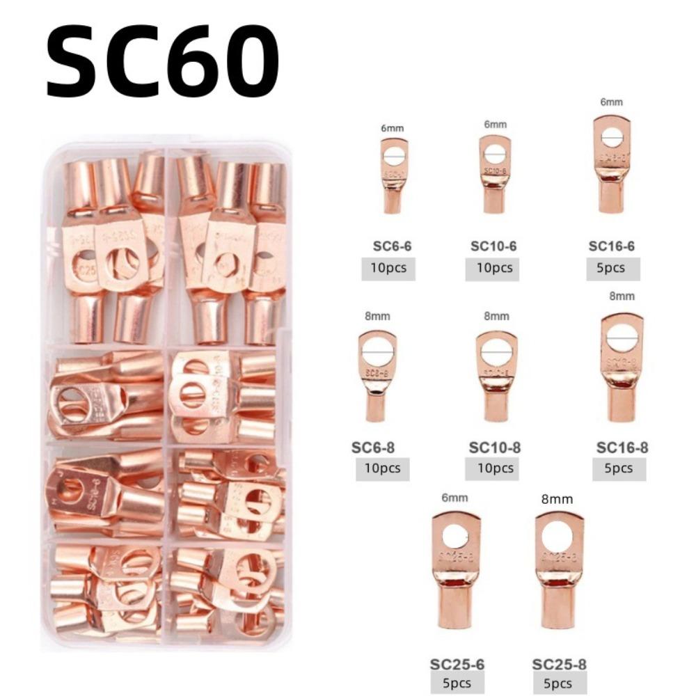 60CPS SC6-25 Copper Ring Terminal Cold Pressing Wire Lug Connector Ring  Assortment Car Auto