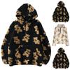 Women's Bear Half-Zip Coat Printed Double-Layer Fleece Pullover Hoodie Casual Loose Pocket Long-Sleeve Sweater