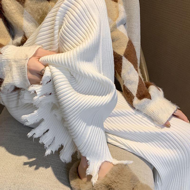 Трикотажные микро расклешенные брюки в полоску, женские осенне-зимние свободные мягкие и клейкие широкие брюки с свисающей кисточкой для швабры для пола