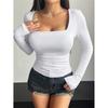 Women's Fashion Solid Color Square Neck Long Sleeve Pullover Slim Casual Top