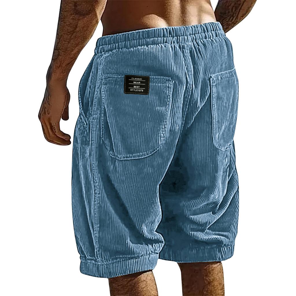 Mens Corduroy Shorts Relaxed Fit Elastic Waistband Patch Pocket Design Casual Knee Length Trousers for Everyday Wear