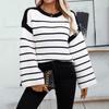 Women's O-neck Knitted Tops Lady Long Sleeved Knitted Sweater Female Loose Stripe Pullovers Women's Knitwears